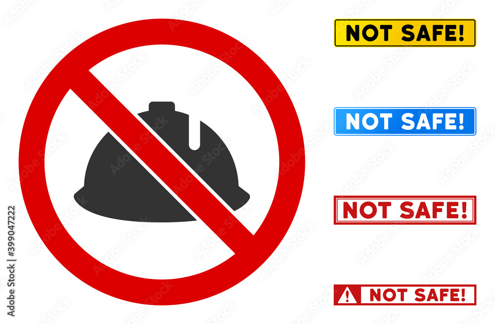 Poster no hard hat sign with messages in rectangle frames. illustration style is a flat iconic symbol insid