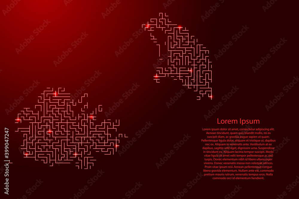 Poster antigua and barbuda map from red pattern of the maze grid and glowing space stars grid. vector illus