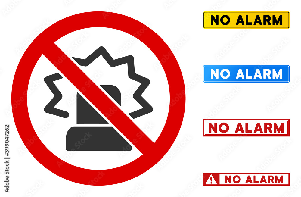 Poster no alarm sign with texts in rectangular frames. illustration style is a flat iconic symbol inside re