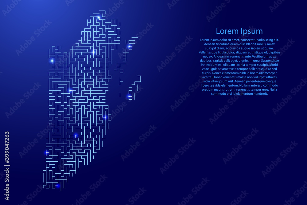 Poster belize map from blue pattern of the maze grid and glowing space stars grid. vector illustration.