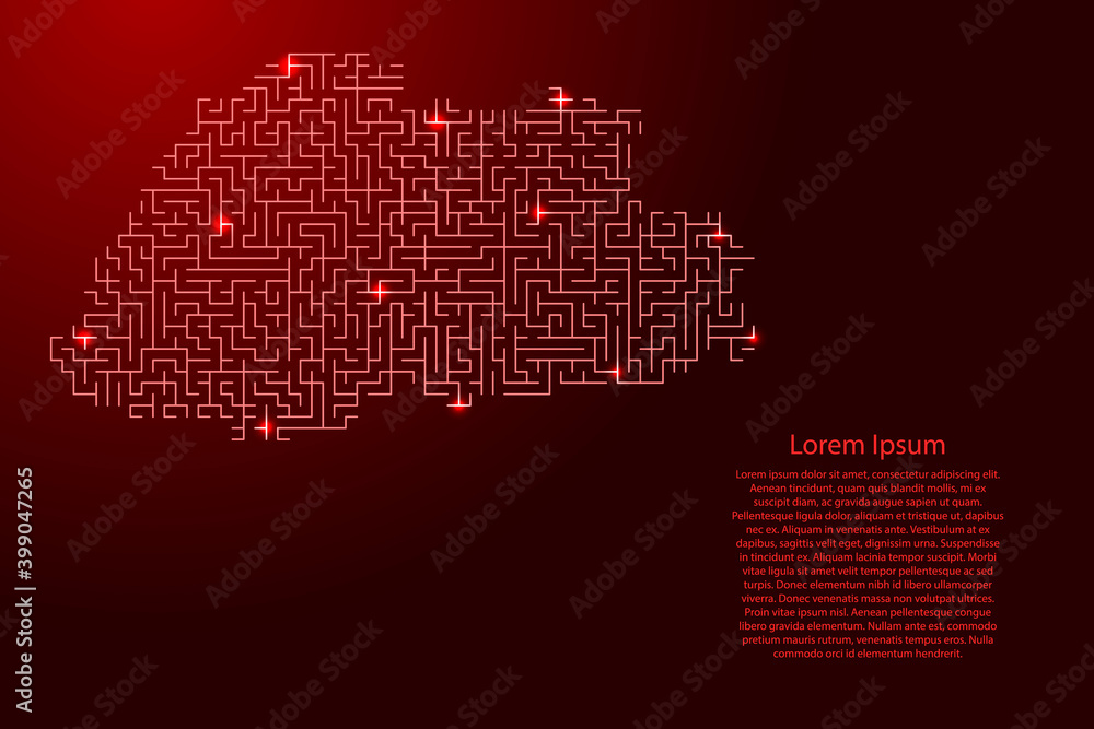 Poster bhutan map from red pattern of the maze grid and glowing space stars grid. vector illustration.