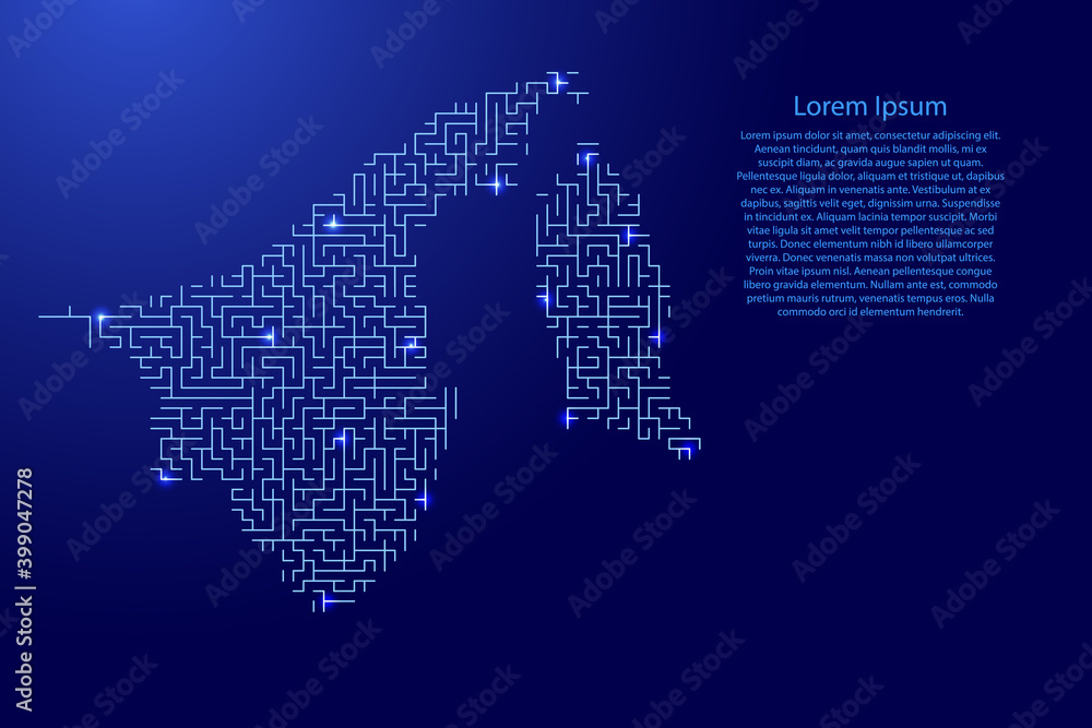 Poster brunei map from blue pattern of the maze grid and glowing space stars grid. vector illustration.