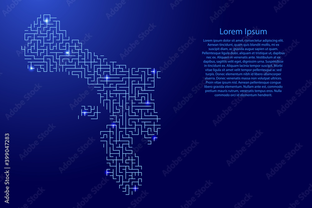 Poster bonaire map from blue pattern of the maze grid and glowing space stars grid. vector illustration.
