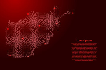 Afghanistan map from red pattern of the maze grid and glowing space stars grid. Vector illustration.