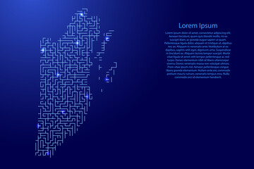 Belize map from blue pattern of the maze grid and glowing space stars grid. Vector illustration.