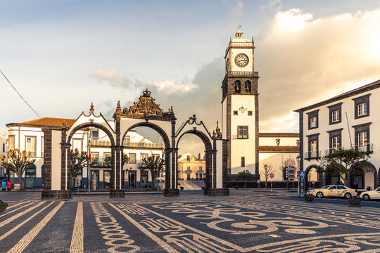 Azores Islands Architecture. Historical city center of Ponta Delgada in Azores, Portugal.