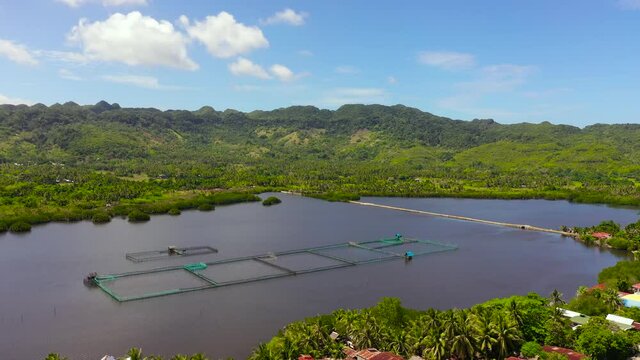 Aerial view of fish ponds for bangus, milkfish. Fish farm, top view. fish farm on Bohol island, Philippines.
