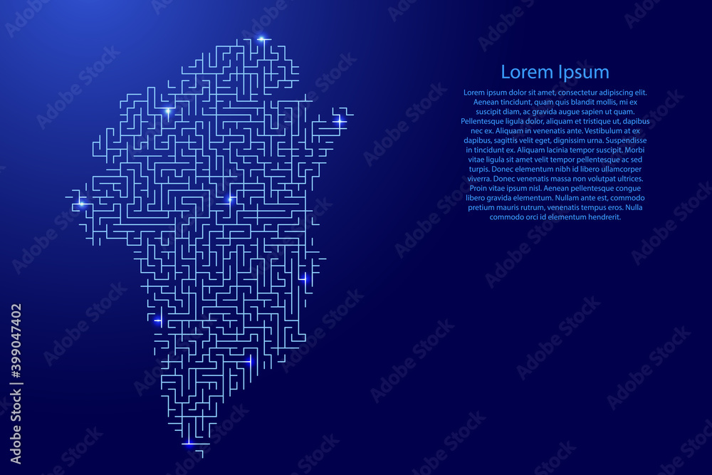 Poster greenland map from blue pattern of the maze grid and glowing space stars grid. vector illustration.