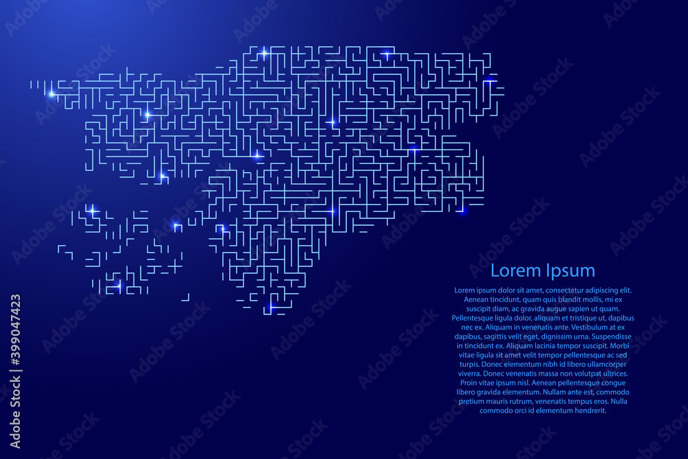 Poster guinea bissau map from blue pattern of the maze grid and glowing space stars grid. vector illustrati