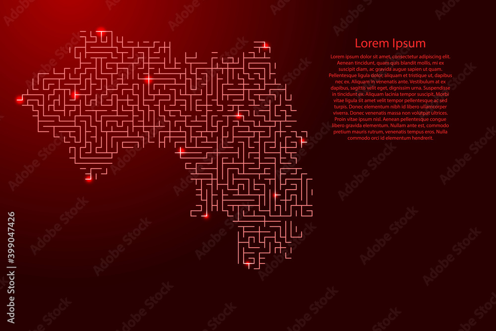 Poster guinea map from red pattern of the maze grid and glowing space stars grid. vector illustration.