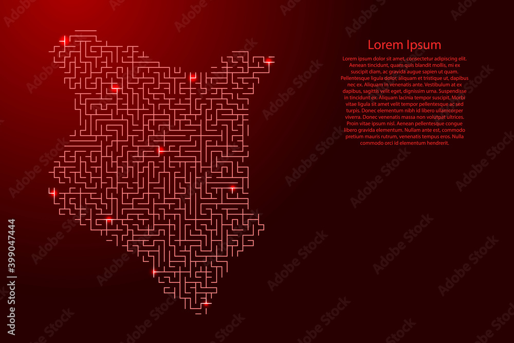 Poster kenya map from red pattern of the maze grid and glowing space stars grid. vector illustration.
