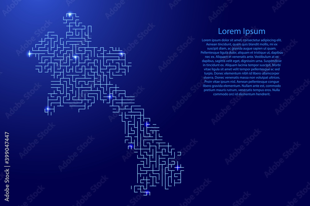 Poster laos map from blue pattern of the maze grid and glowing space stars grid. vector illustration.