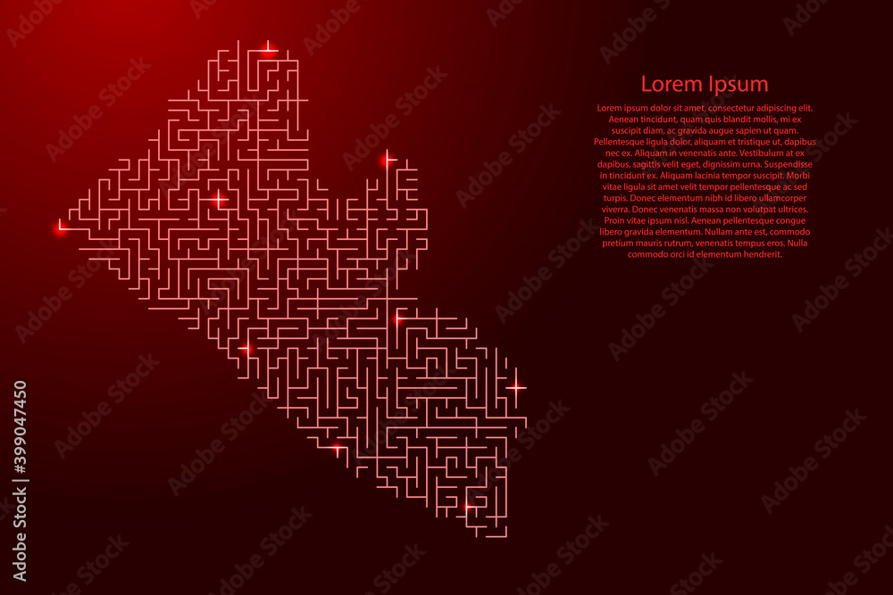 Poster liberia map from red pattern of the maze grid and glowing space stars grid. vector illustration.