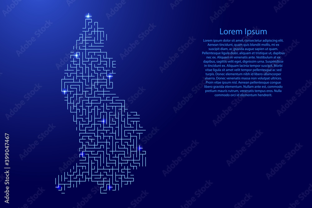 Poster liechtenstein map from blue pattern of the maze grid and glowing space stars grid. vector illustrati