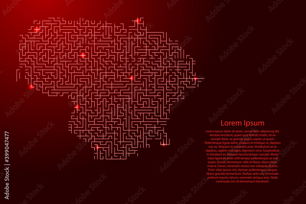 Poster lithuania map from red pattern of the maze grid and glowing space stars grid. vector illustration.