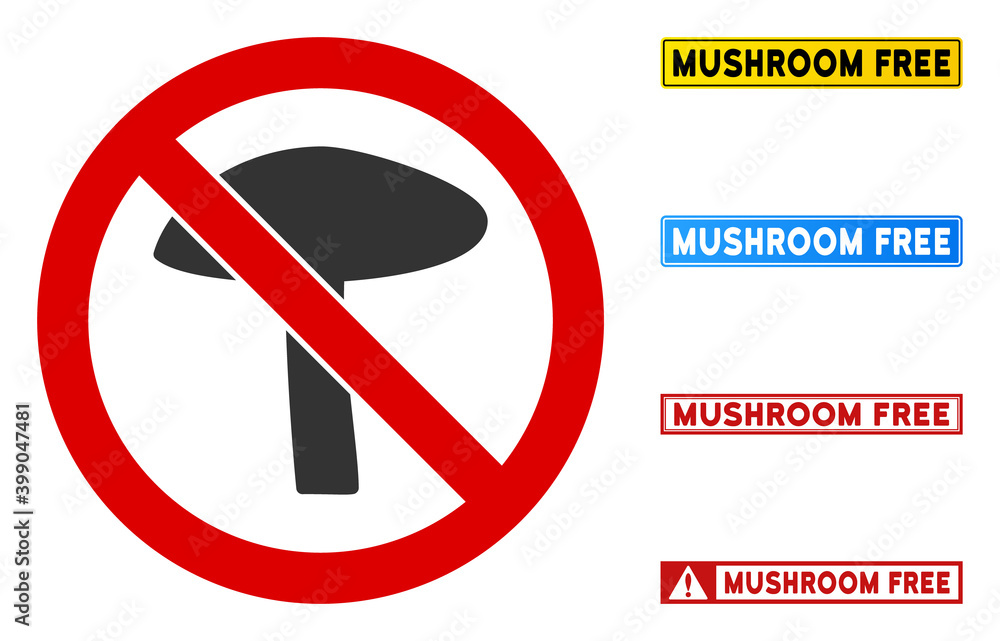 Aufkleber no mushroom sign with captions in rectangle frames. illustration style is a flat iconic symbol insid