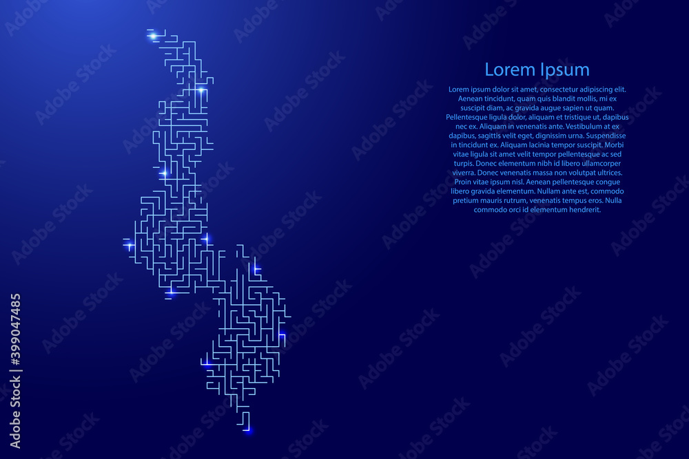 Poster malawi map from blue pattern of the maze grid and glowing space stars grid. vector illustration.
