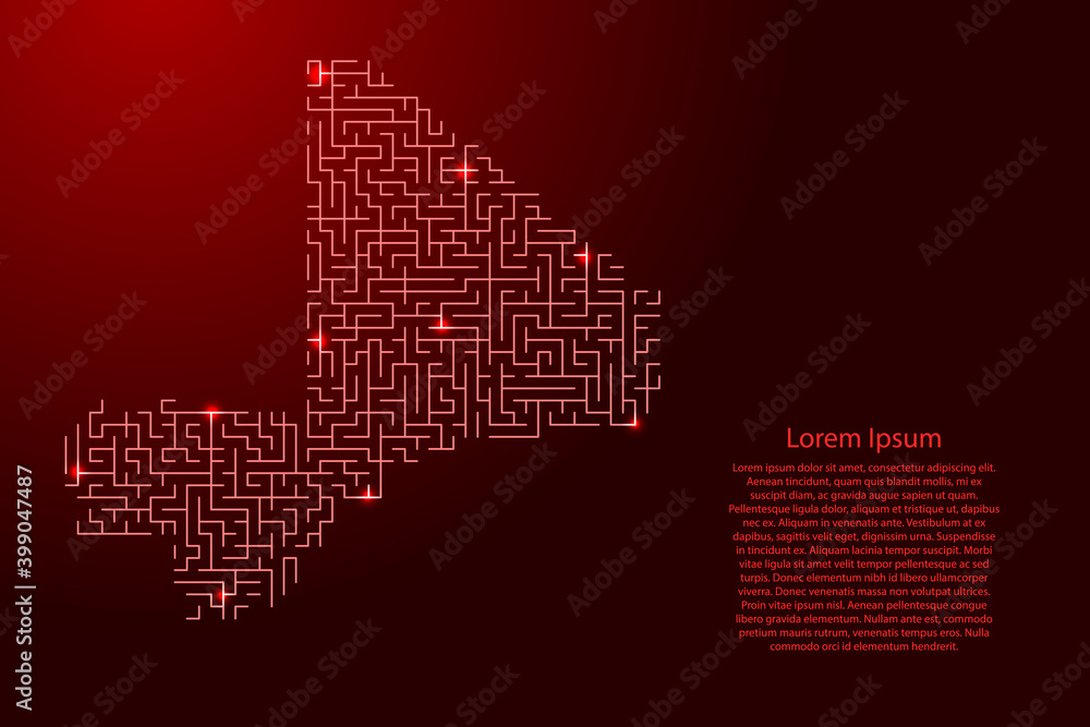 Poster mali map from red pattern of the maze grid and glowing space stars grid. vector illustration.