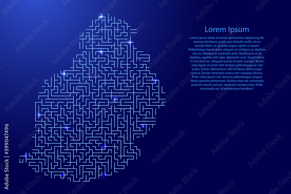 Poster mauritius map from blue pattern of the maze grid and glowing space stars grid. vector illustration.