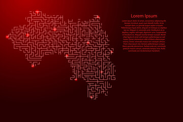 Fototapeta na wymiar Guinea map from red pattern of the maze grid and glowing space stars grid. Vector illustration.