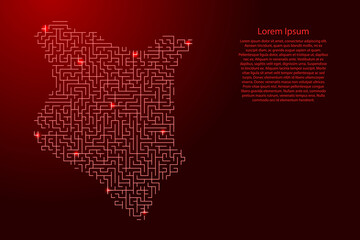 Kenya map from red pattern of the maze grid and glowing space stars grid. Vector illustration.