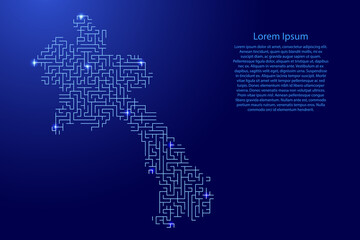 Laos map from blue pattern of the maze grid and glowing space stars grid. Vector illustration.