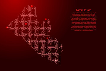 Fototapeta premium Liberia map from red pattern of the maze grid and glowing space stars grid. Vector illustration.