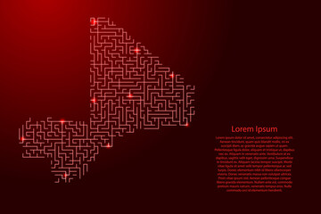 Mali map from red pattern of the maze grid and glowing space stars grid. Vector illustration.