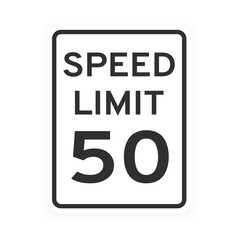 Speed limit 50 road traffic icon sign flat style design vector illustration isolated on white background. Vertical standard road sign with text and number 50.