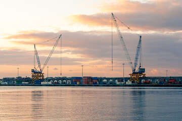 Obraz premium Amazing view at Ponta Delgada, Embankment. Azores, San Miguel island. Sunset