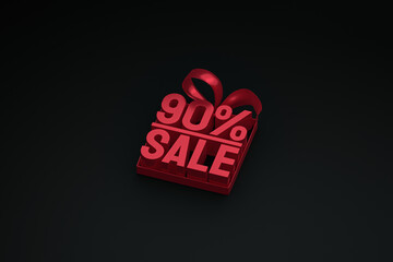 90% sale in box with ribbon and bow on dark background