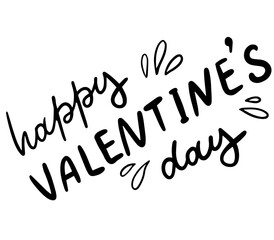 Happy Valentine's Day- black and white hand drawn Lettering for Love Day celebration. Isolated elements on white background. Digital illustration.
