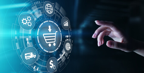 E-Commerce, Online chopping Internet business concept on virtual screen.