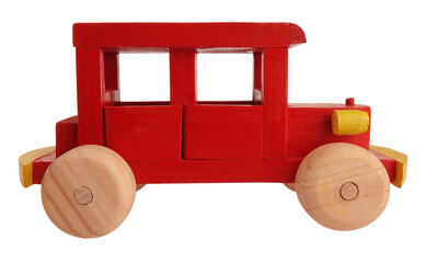 Vintage handmade red yellow wooden car toy isolated on white background