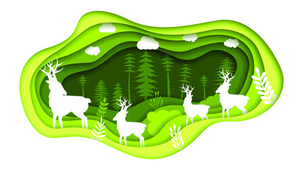 Yellow Paper Cut Background Vector Nature Animal Clouds Forest With Deer