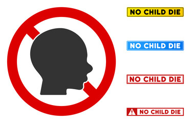 No Kid Head sign with badges in rectangular frames. Illustration style is a flat iconic symbol inside red crossed circle on a white background. Simple No Kid Head vector sign, designed for rules,