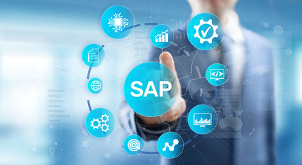 SAP - Business process automation software. ERP enterprise resources planning system concept on virtual screen. - obrazy, fototapety, plakaty