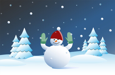A happy snowman in a snowy winter landscape