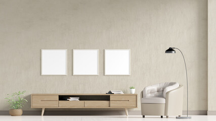 Square poster mockup with Three  frames on empty cream wall in living room interior, Living room, 3D Rendering