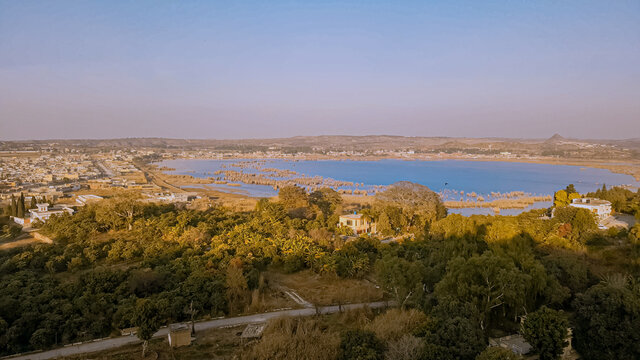 Kallar Kahar Lake, Chakwal District, Punjab, Pakistan - December, 25, 2018: Famous for salt water Lake and beautiful species of birds, its a charming place with good air. 