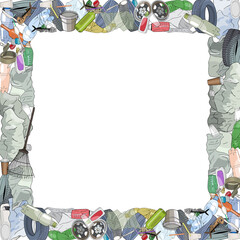 Template with different kinds of garbage and bags. The concept of ecology and World Cleanup Day.