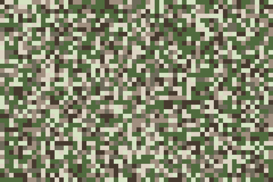 Camouflage repeating green pixel elements. Seamless texture vector illustration, background.