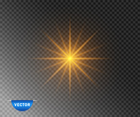 Light, yellow, gold. Sun flash, symmetrical rays, transparent effect. A vector object on an isolated background.