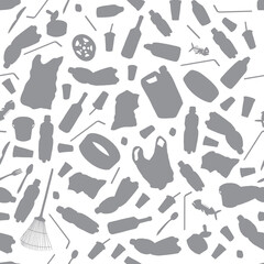 Hand drawn outline isolate on white backdrop. Vector seamless pattern with garbage, plastic straws, bag, plastic utensils.