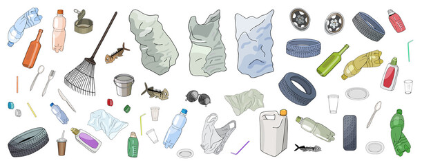 Set of garbage and bags isolate on white background. Vector illustration.