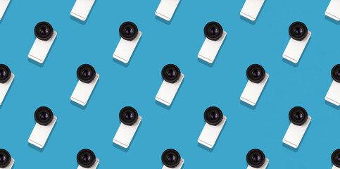 Seamless flat pattern, smartphone with a big camera from a DSLR, minimal concept, banner abstract trendy