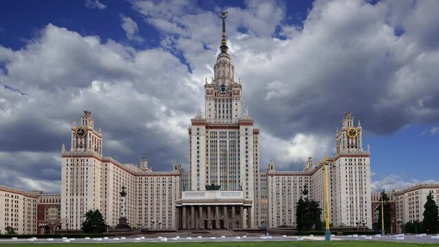 Moscow State University against the moving clouds, main building, Russia