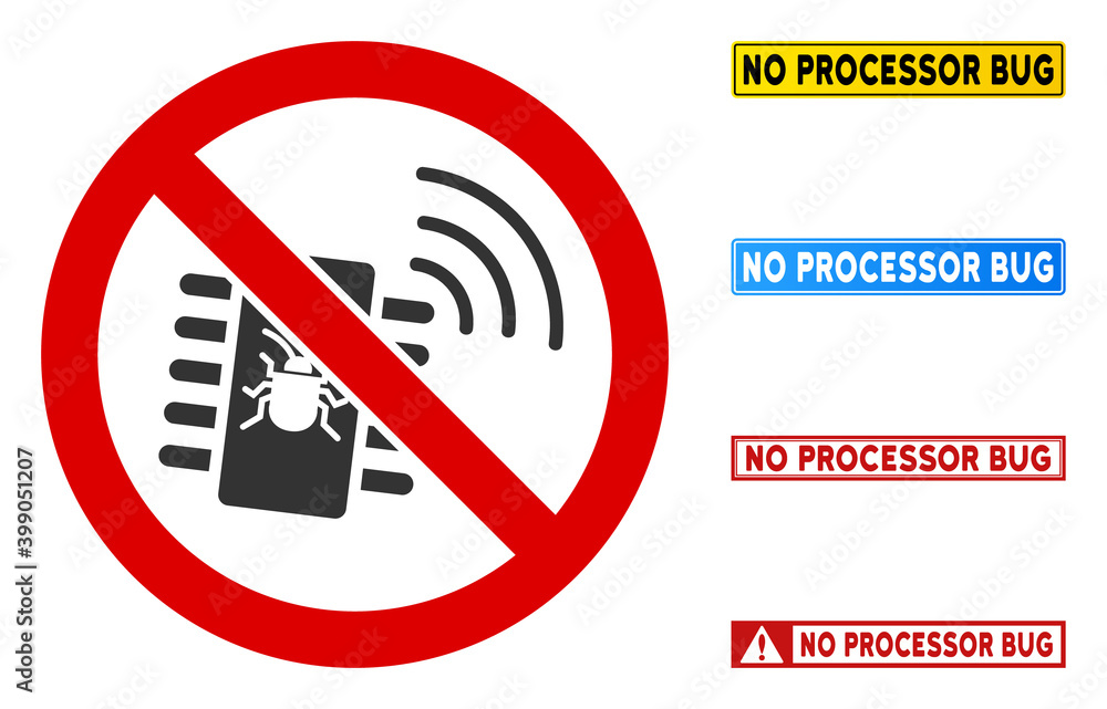 Poster no processor bug sign with titles in rectangle frames. illustration style is a flat iconic symbol in