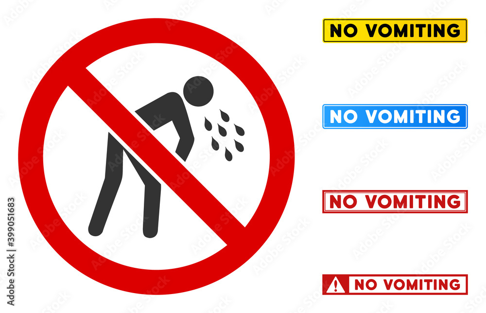 Aufkleber no vomiting sign with words in rectangular frames. illustration style is a flat iconic symbol inside