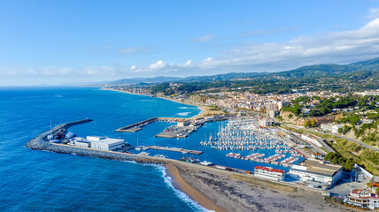 Aerial panoramic view of Arenys de Mar city at dawn.  Barcelona, Spain.